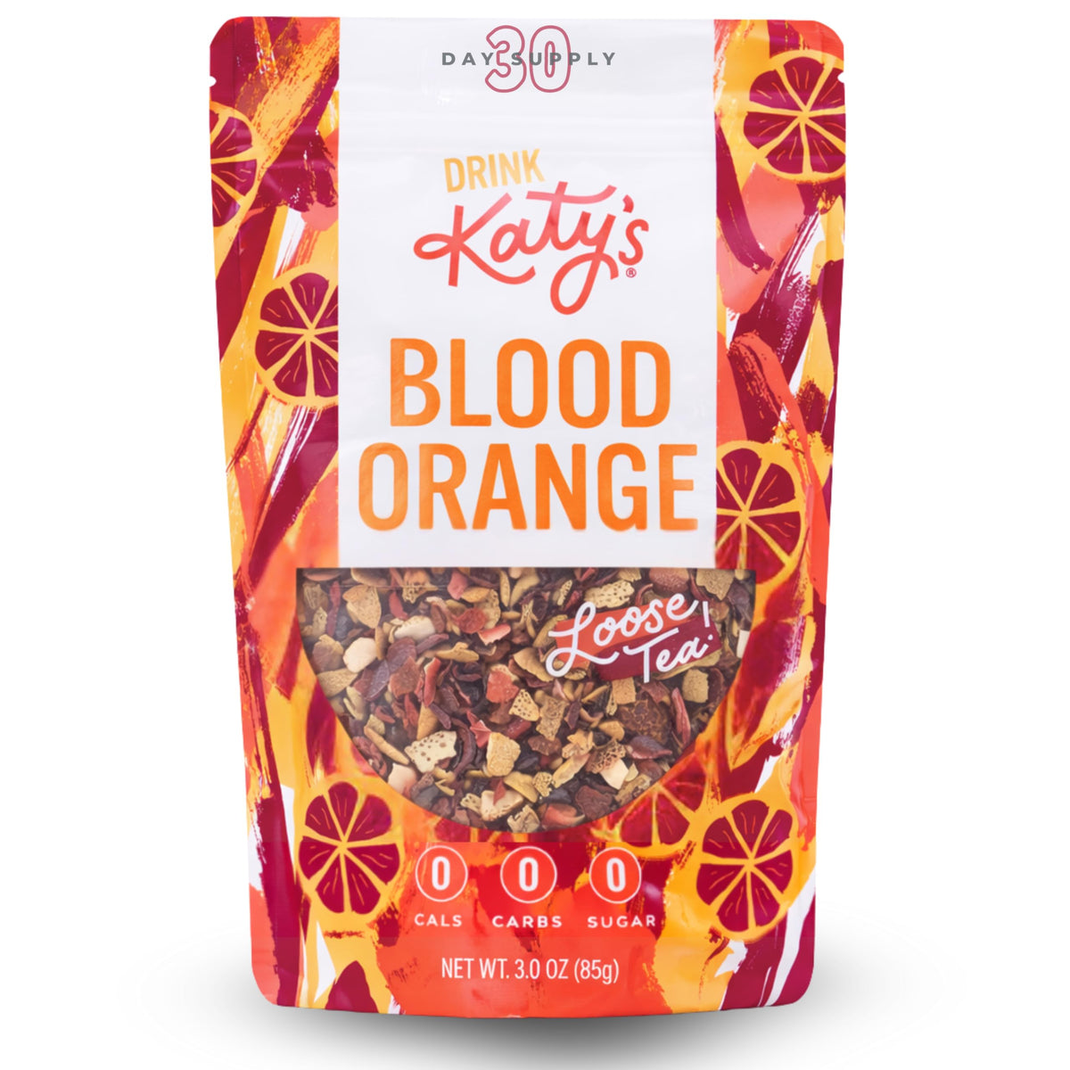 DRINK KATY'S Blood Orange loose tea pour showcases bright citrus aroma for a refreshing cup.