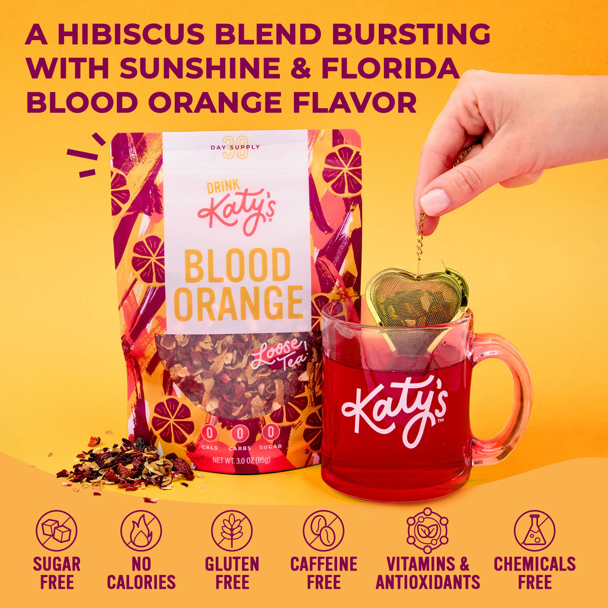 DRINK KATY'S Blood Orange tea cup steep highlights tart-sweet flavor for everyday enjoyment.