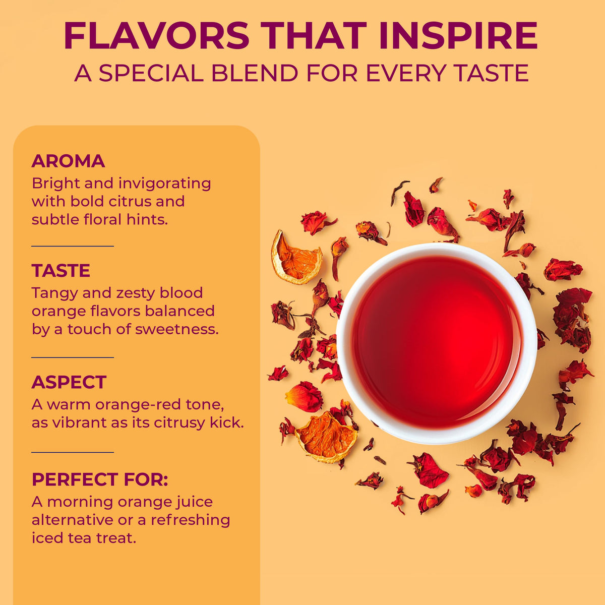 DRINK KATY'S Blood Orange tea hot brew releases crisp citrus warmth.