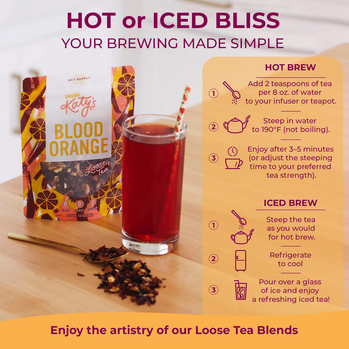 DRINK KATY'S Blood Orange tea iced tea pitcher yields ruby-hued refreshment.