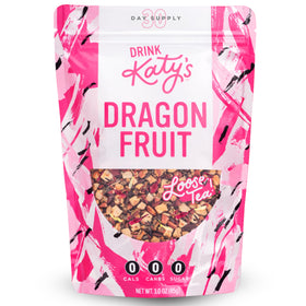 DRINK KATY'S Dragonfruit loose leaf tea pack closeup with real fruit pieces for vibrant flavor.