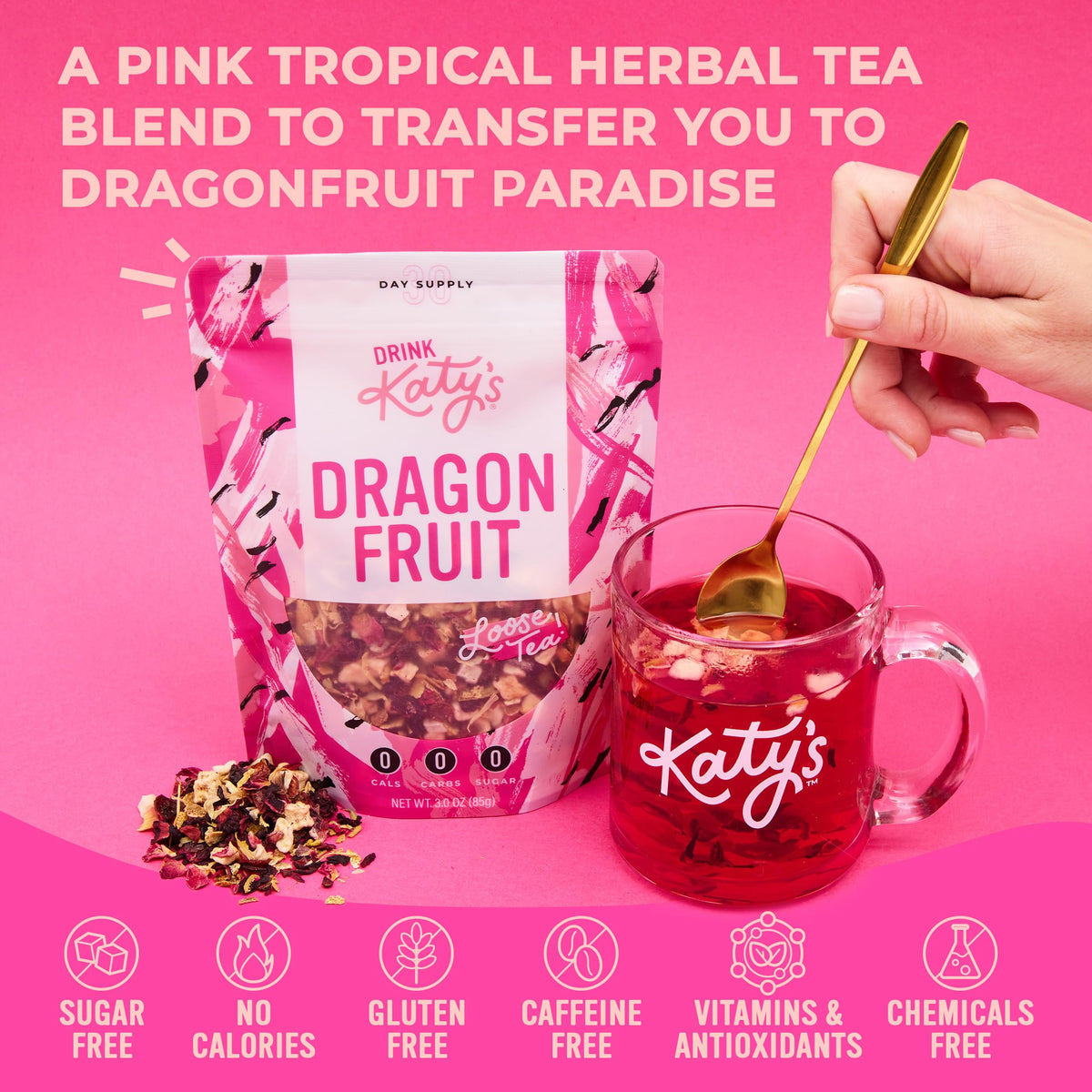 DRINK KATY'S Dragonfruit tea packet closeup highlighting colorful fruit and hibiscus notes.