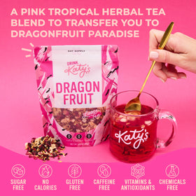 DRINK KATY'S Dragonfruit tea packet closeup highlighting colorful fruit and hibiscus notes.