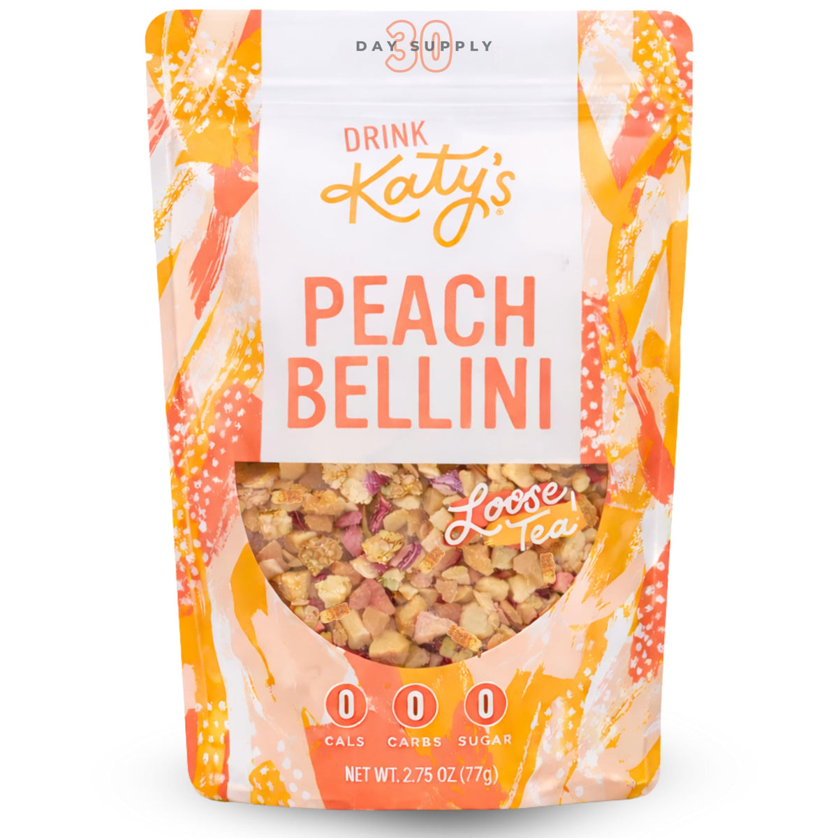 Katy's Peach Bellini loose tea with dried fruit leaves, bright aroma and fresh appeal