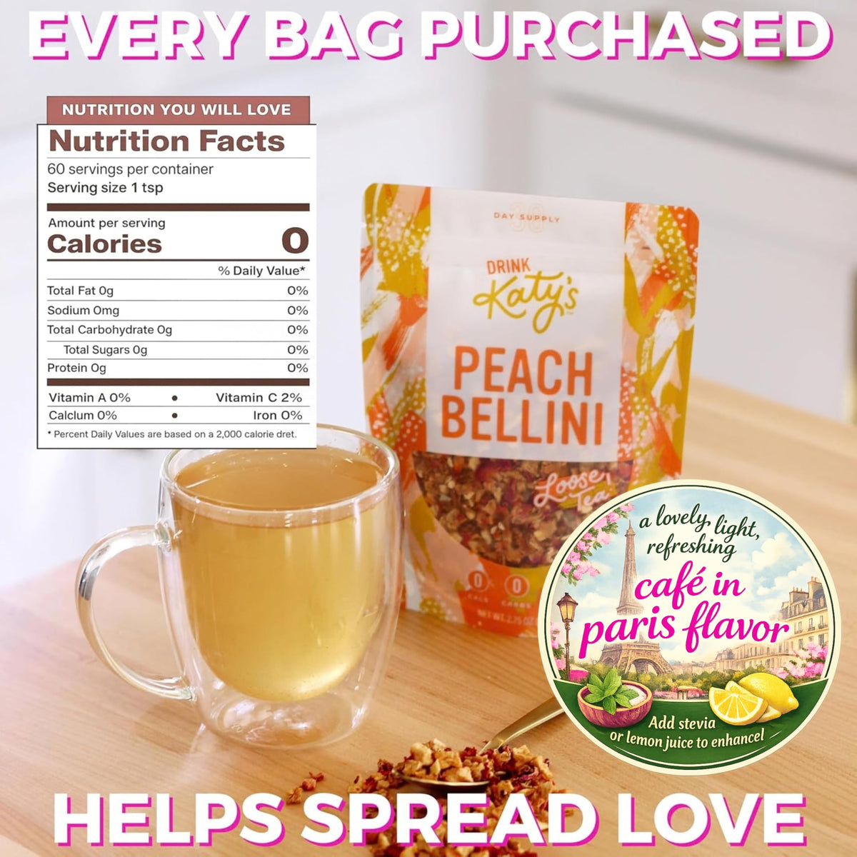 Katy's Peach Bellini loose tea with full fruit pieces for a clean infusion