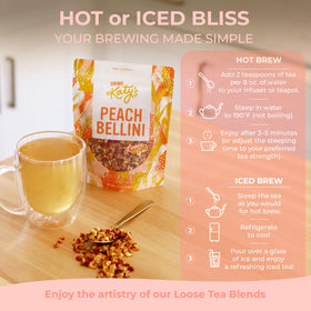Hot cup of Katy's Peach Bellini loose tea with visible steam