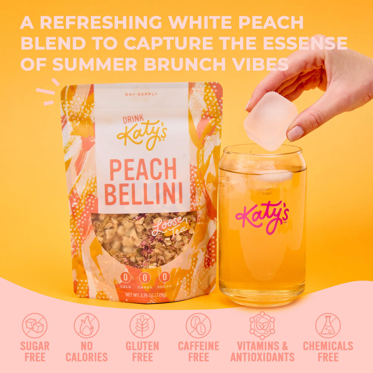 Brewing Katy's Peach Bellini loose tea in a cup, inviting aroma