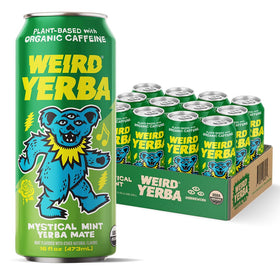 Drink Weird Mystical Mint yerba mate can featuring Grateful Dead art for clean energy