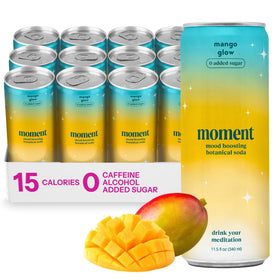 Moment Botanical Soda bottle with mango and chili, suggesting a calm, flavorful moment.