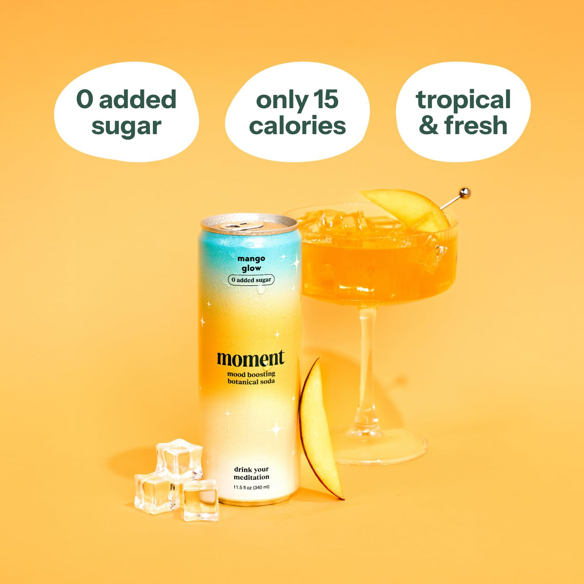 Moment Botanical Soda being poured into a glass, signaling a refreshing non-alcoholic option.