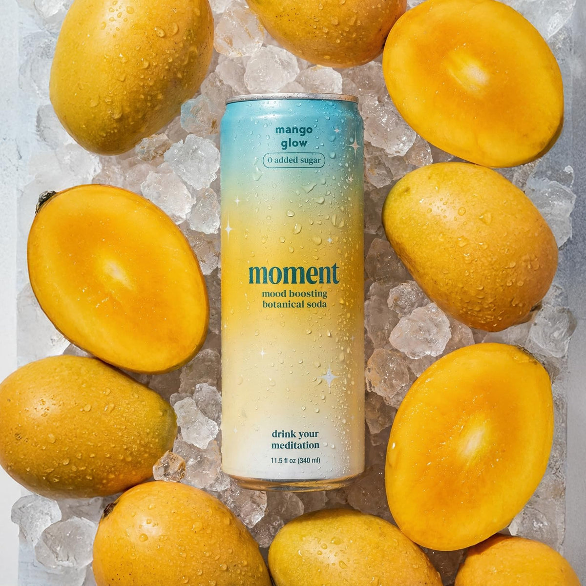 Moment Botanical Soda front label close-up highlighting zero sugar and zero caffeine.