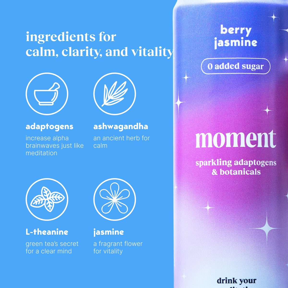 Moment sparkling-glass closeup highlights crisp flavor with zero sugar.