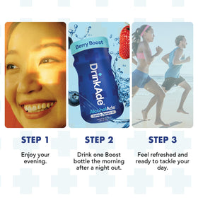Close-up of ingredients on DrinkAde Boost green-tea bottle label.
