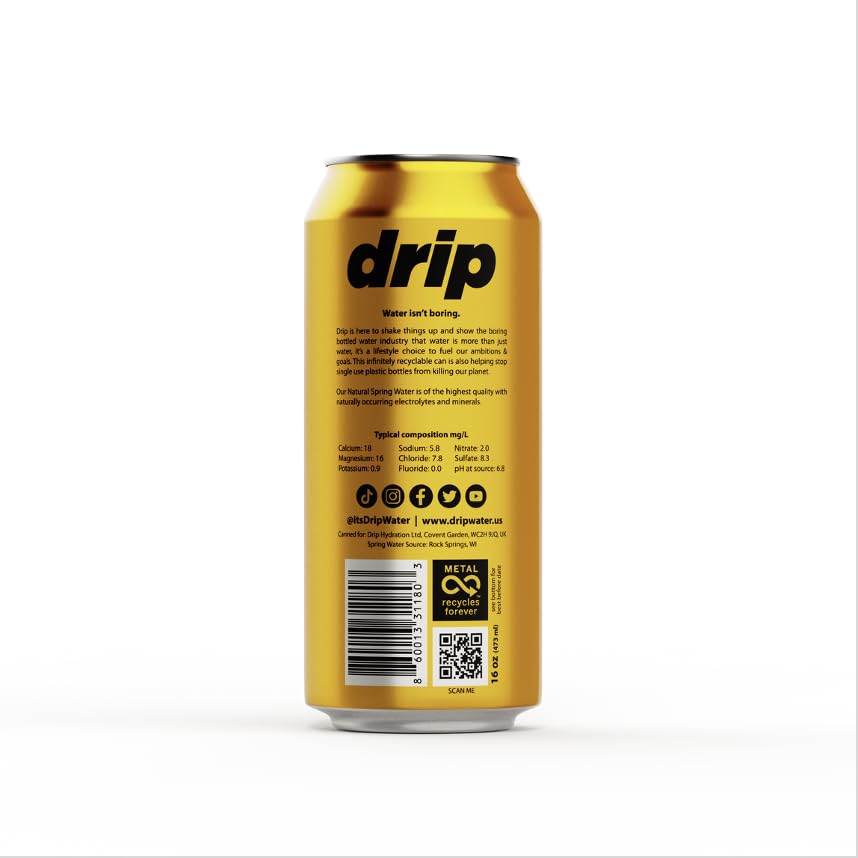 Close-up of Drip Hydration Still Spring Water can highlighting pure, simple hydration.