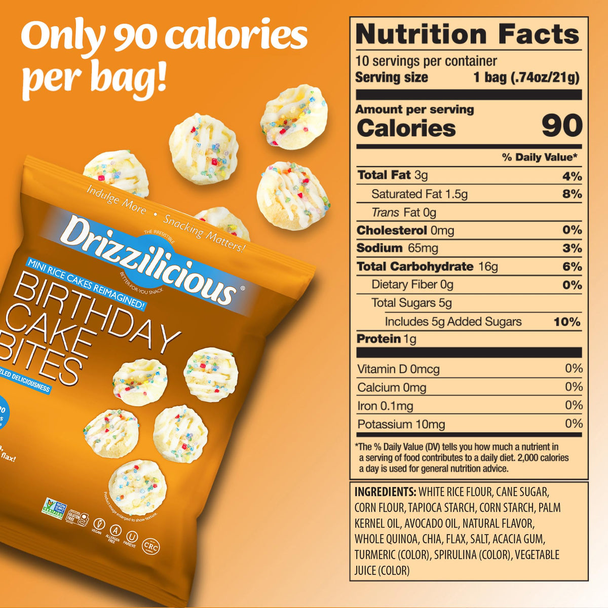 Drizzilicious Birthday Cake mini rice cakes bite appealing to kids and adults