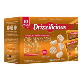 Drizzilicious Cinnamon Swirl mini rice cakes pack front for on-the-go snacking