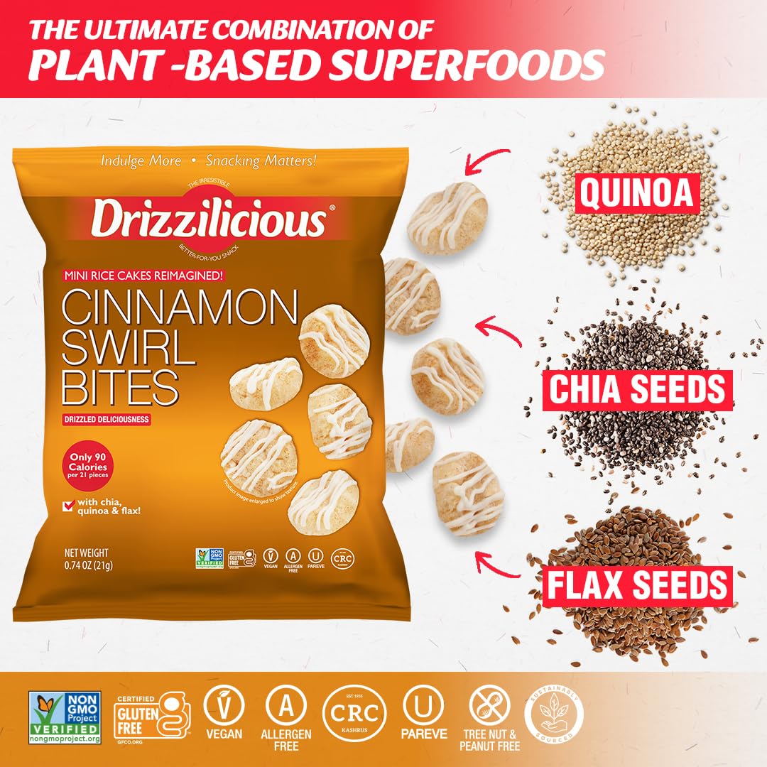 Drizzilicious Cinnamon Swirl mini rice cakes with white chocolate drizzle, ideal for a light treat