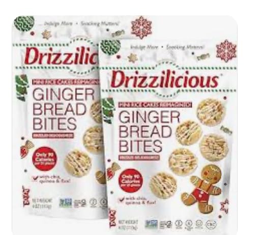 Drizzilicious Gingerbread Bites pack shot showing gluten-free, plant-based snack.