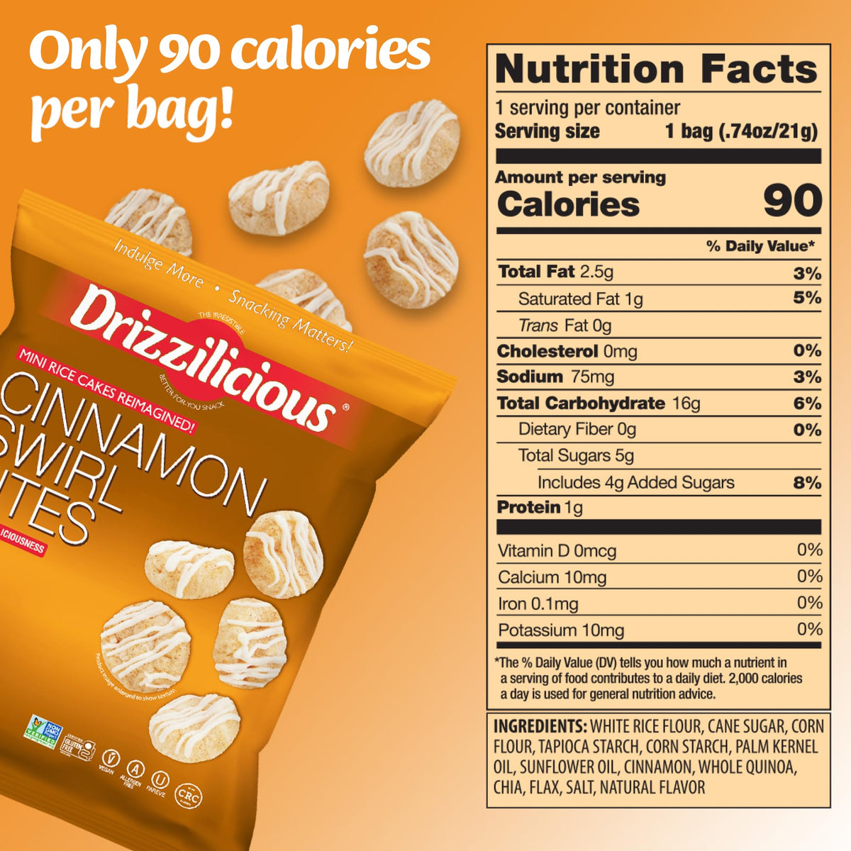 Drizzilicious Cinnamon Swirl bag front with branding and 0.74 oz pack.