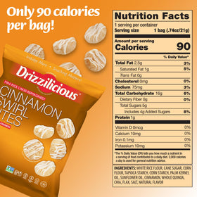 Drizzilicious Cinnamon Swirl bag front with branding and 0.74 oz pack.