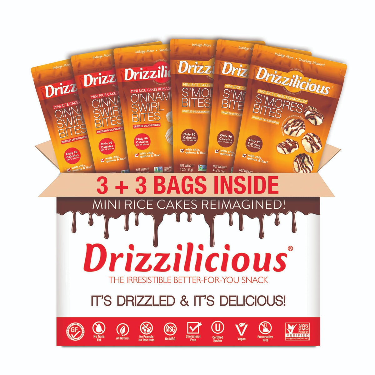 Drizzilicious mini rice cakes Cinnamon Swirl close-up, a flavorful light snack option.