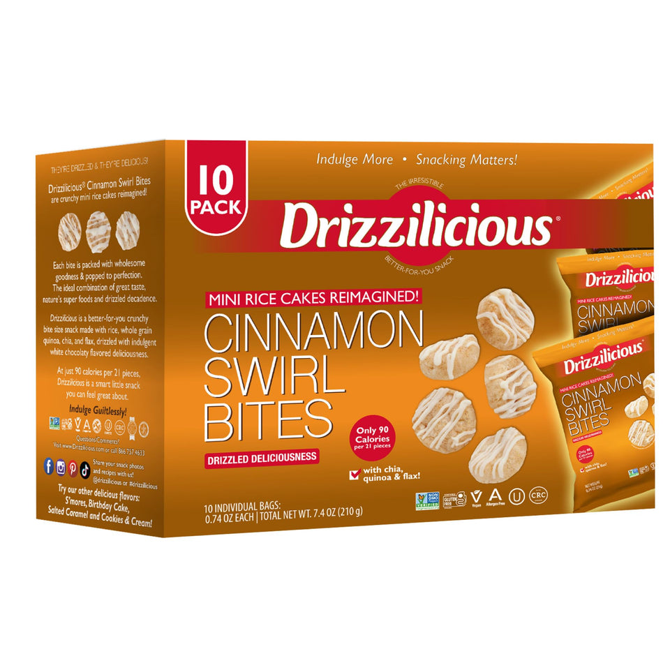 Drizzilicious Cinnamon Swirl packaging, gluten-free and vegan snack option.