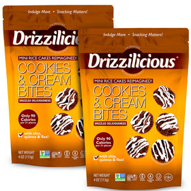 Drizzilicious Cookies & Cream mini rice cakes pack front for on-the-go snacking