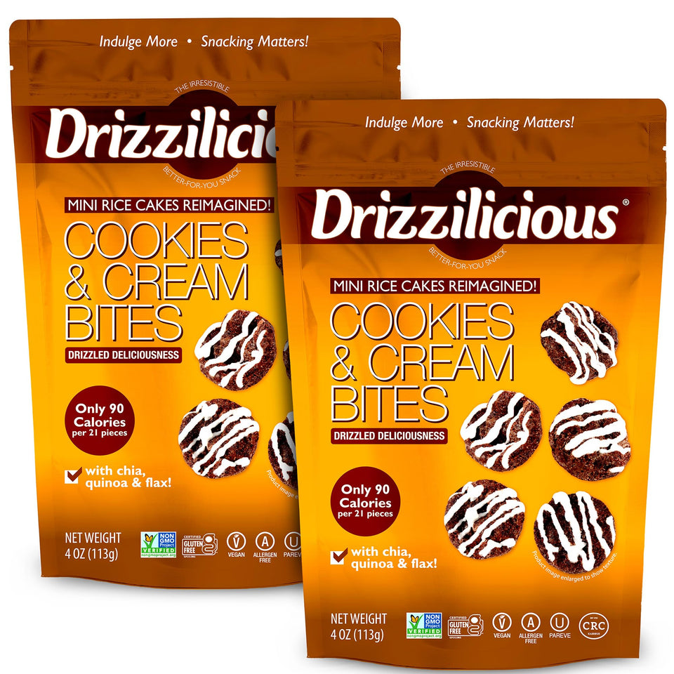 Drizzilicious Cookies & Cream mini rice cakes pack front for on-the-go snacking