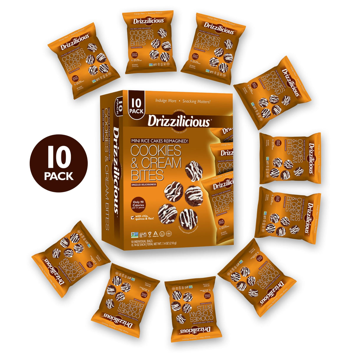 Drizzilicious mini rice cakes Cookies Cream pack ten front view; convenient on-the-go snack.