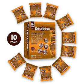 Drizzilicious mini rice cakes Cookies Cream pack ten front view; convenient on-the-go snack.