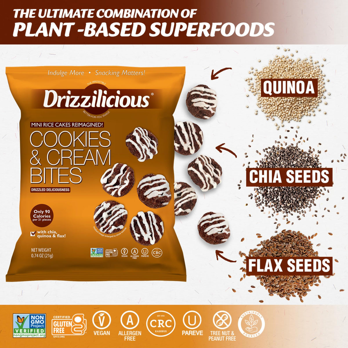 Drizzilicious Cookies Cream rice cakes with white chocolate drizzle; indulgent yet plant-based.