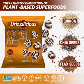 Drizzilicious Cookies Cream rice cakes with white chocolate drizzle; indulgent yet plant-based.