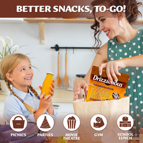 Drizzilicious mini rice cakes with gluten-free label visible; confidence for gluten-free snacking.