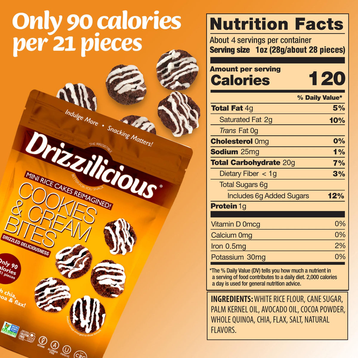 Gluten-free, vegan, allergen-free Drizzilicious mini rice cakes label