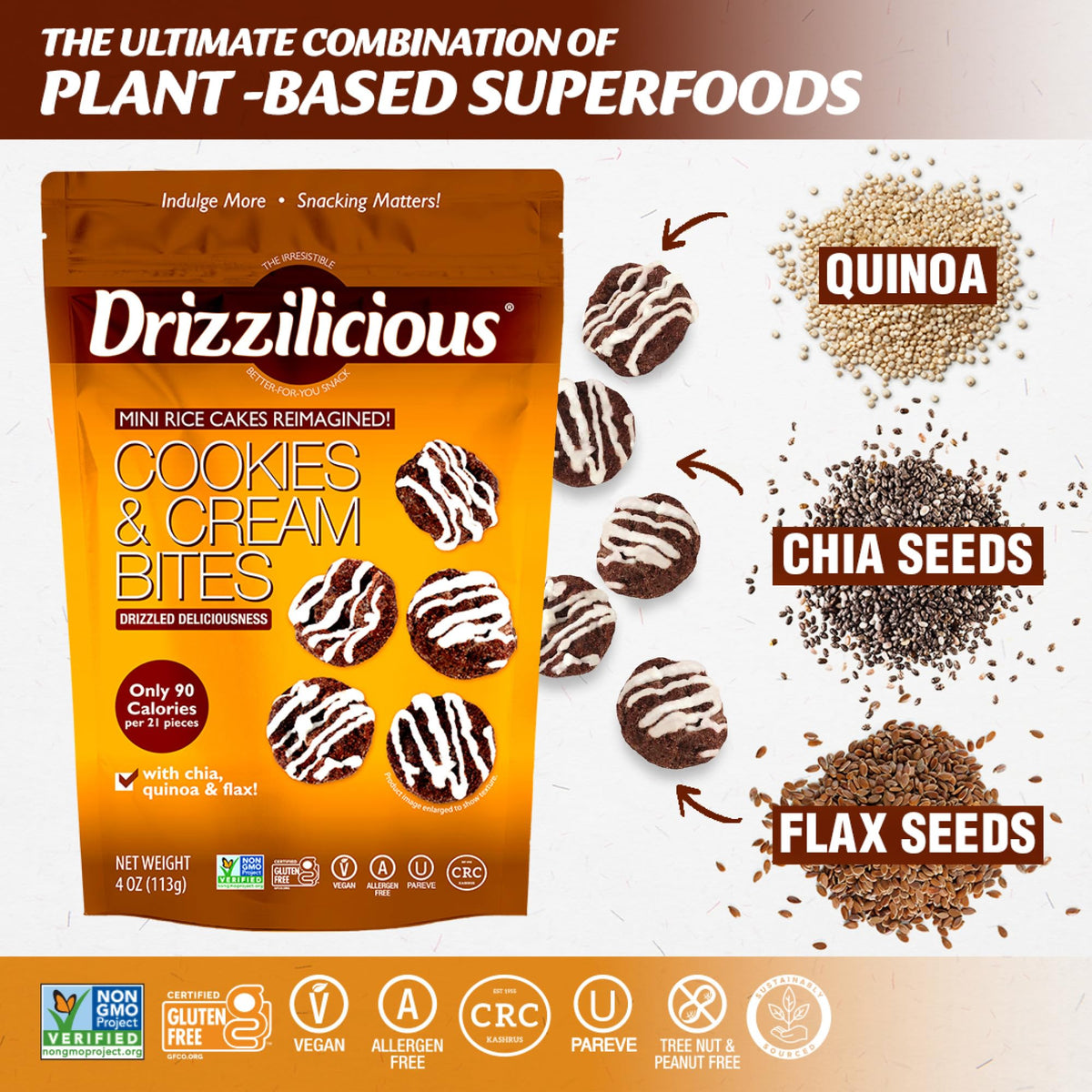 Main ingredients quinoa, chia, flax in Drizzilicious mini rice cakes