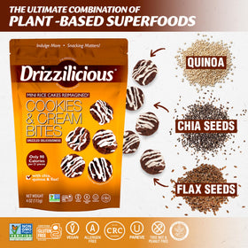 Main ingredients quinoa, chia, flax in Drizzilicious mini rice cakes