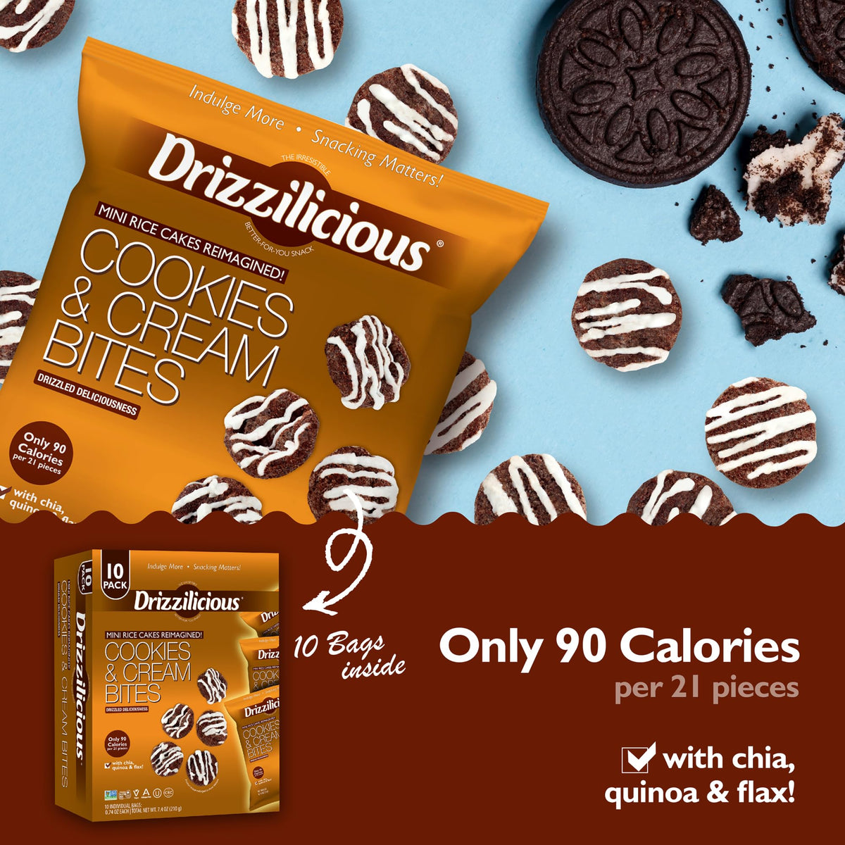 Drizzilicious Cookies Cream rice cakes in a kid lunchbox; wholesome afternoon bite.