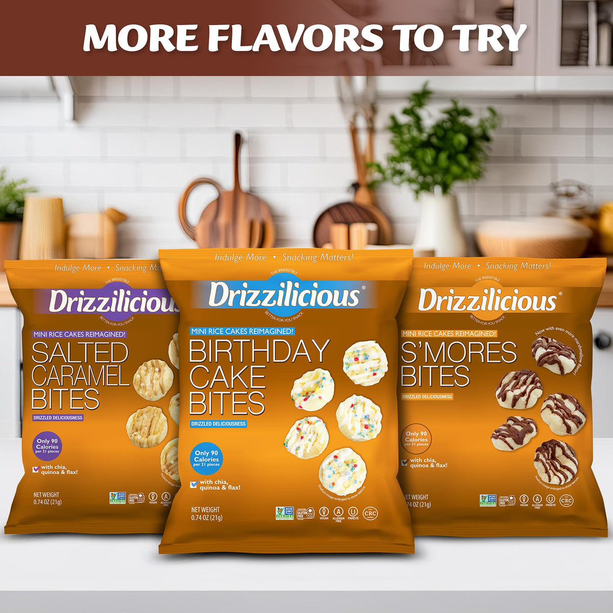 Ingredients include quinoa, chia and flaxseed; Drizzilicious mini rice cakes hint at wholesome crunch.