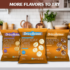 Ingredients include quinoa, chia and flaxseed; Drizzilicious mini rice cakes hint at wholesome crunch.