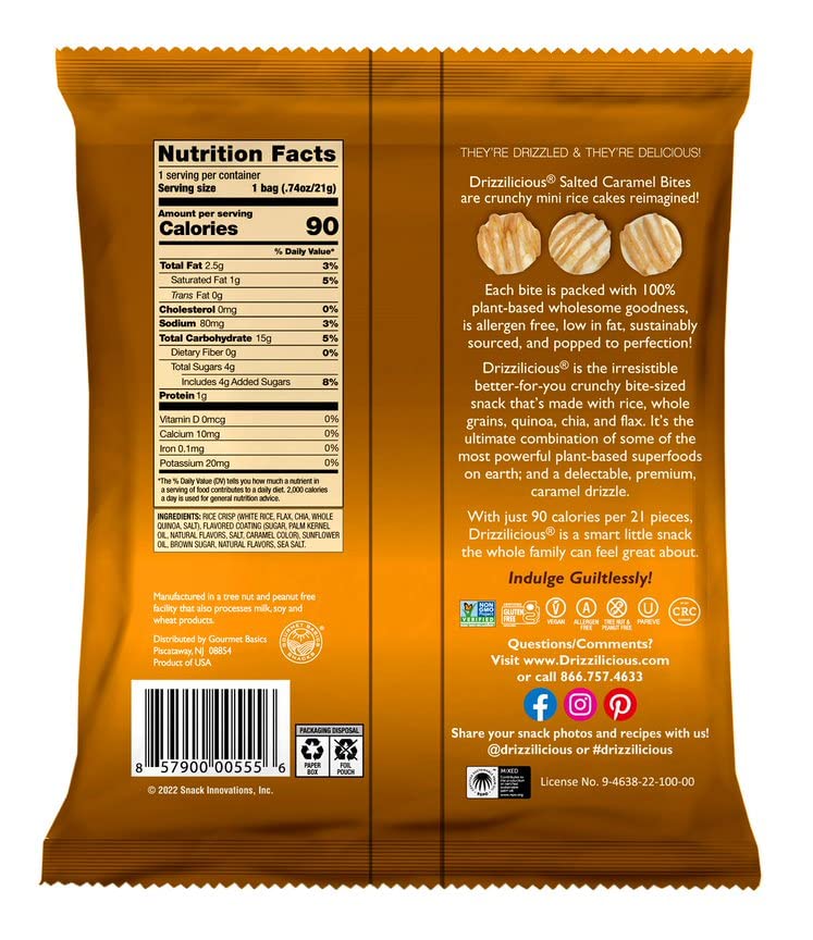 Drizzilicious Salted Caramel mini rice cakes, a dessert option in a portable pack.
