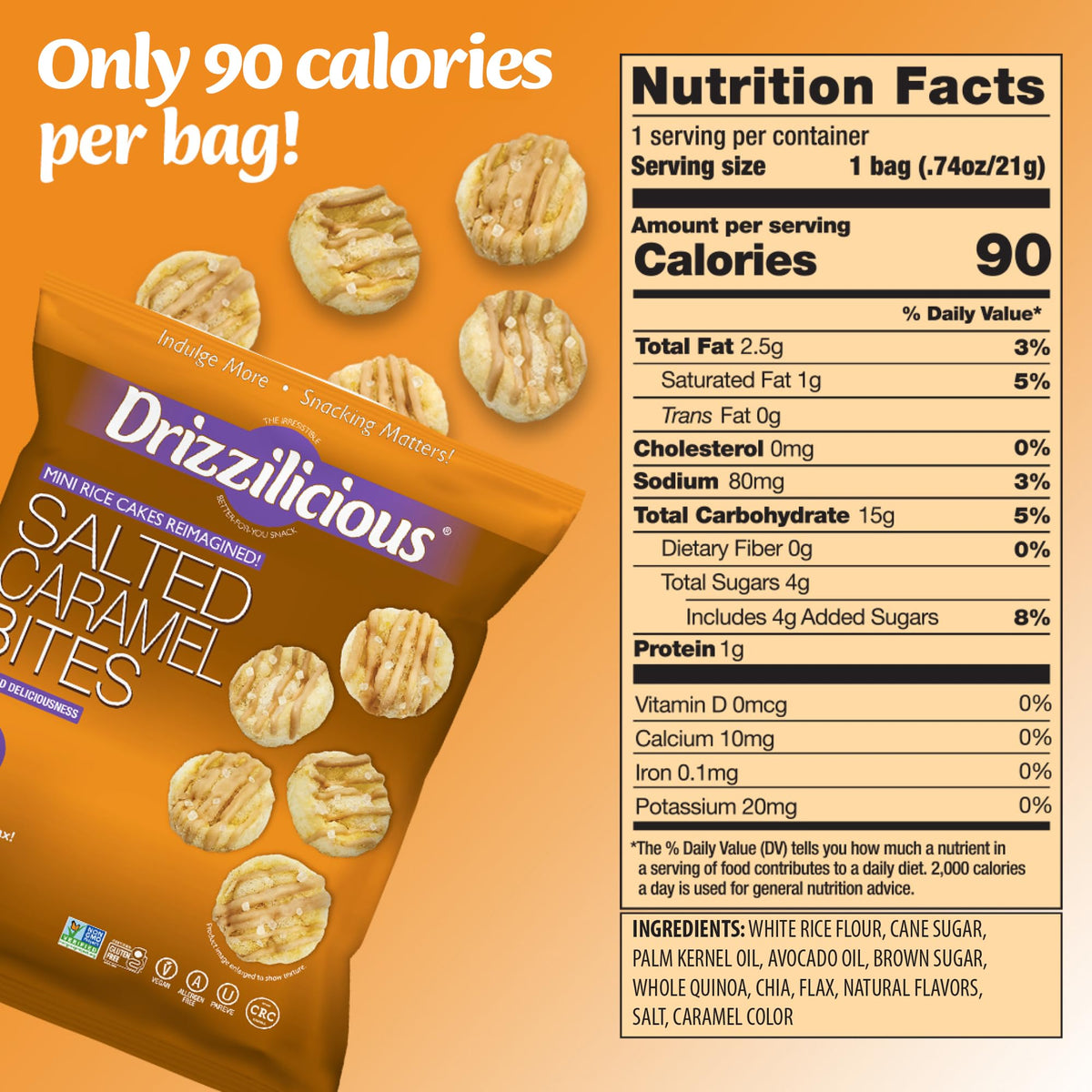 Drizzilicious Salted Caramel rice cakes open bag showing light, airy texture, ready to share.