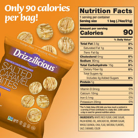 Drizzilicious Salted Caramel rice cakes open bag showing light, airy texture, ready to share.