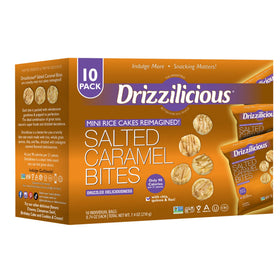 Drizzilicious Salted Caramel mini rice cakes in a resealable pack, ideal for on-the-go snacking.
