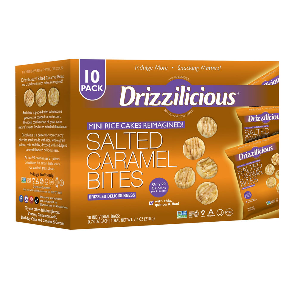 Drizzilicious Salted Caramel mini rice cakes in a resealable pack, ideal for on-the-go snacking.