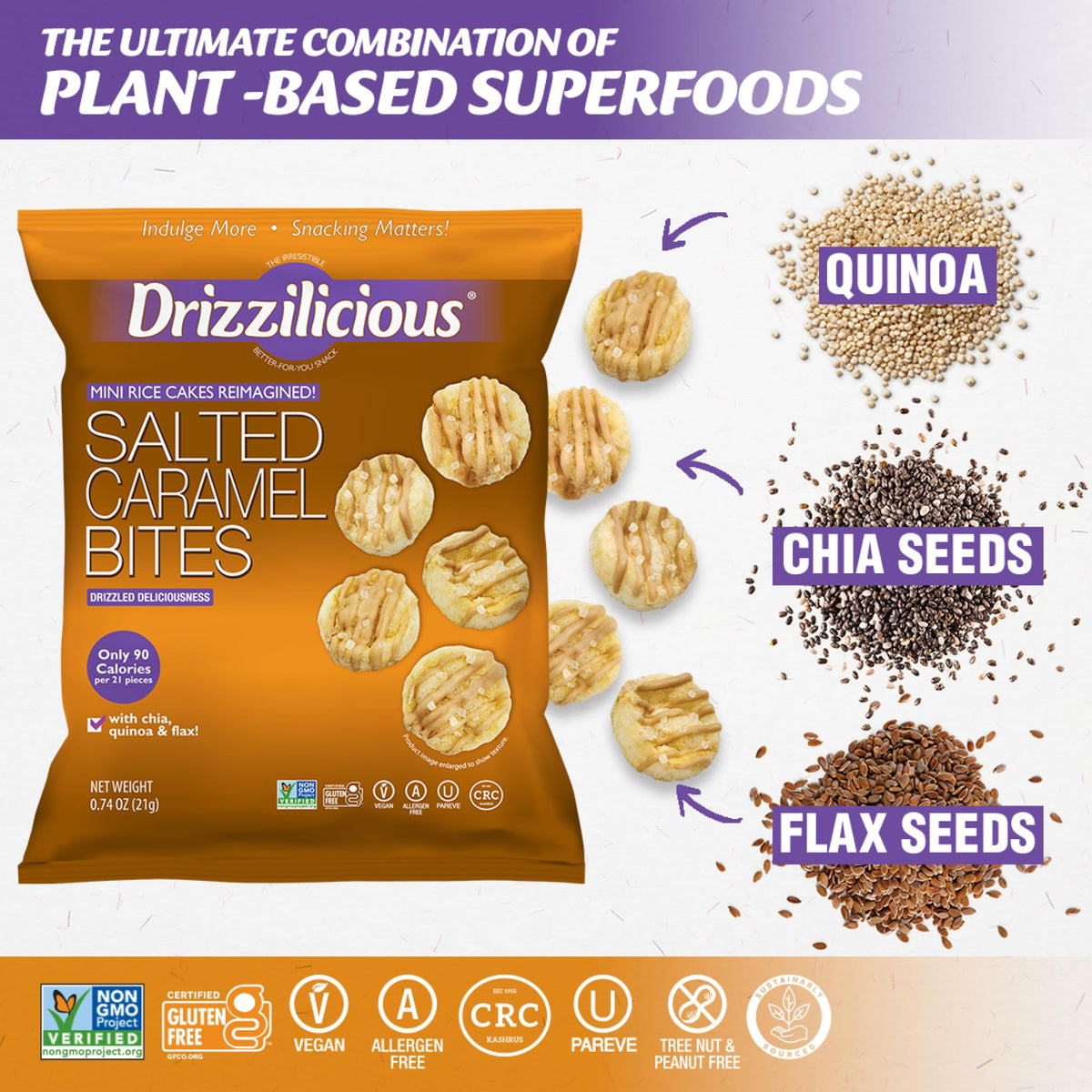 Drizzilicious Salted Caramel mini rice cakes in a compact bag, gluten-free and vegan.