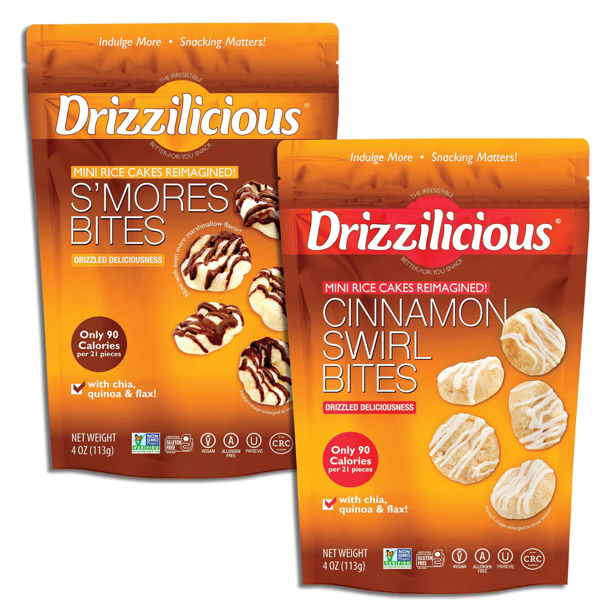 Drizzilicious mini rice cakes S'mores close-up, a tasty vegan snack for on-the-go.