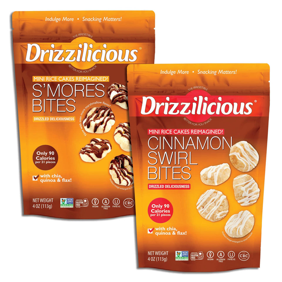 Drizzilicious mini rice cakes S'mores close-up, a tasty vegan snack for on-the-go.