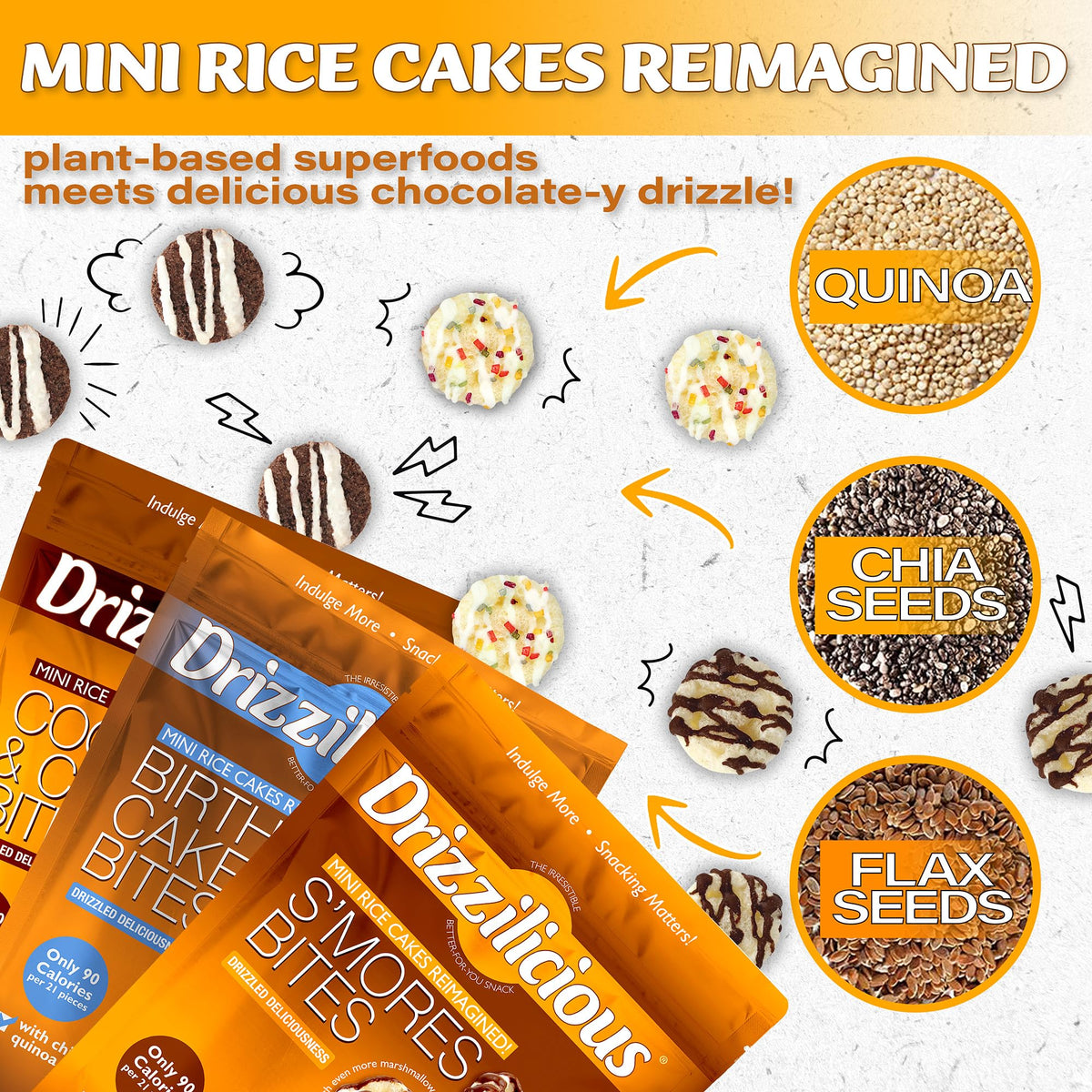 Drizzilicious mini rice cakes variety pack close-up showing flavors for convenient sharing