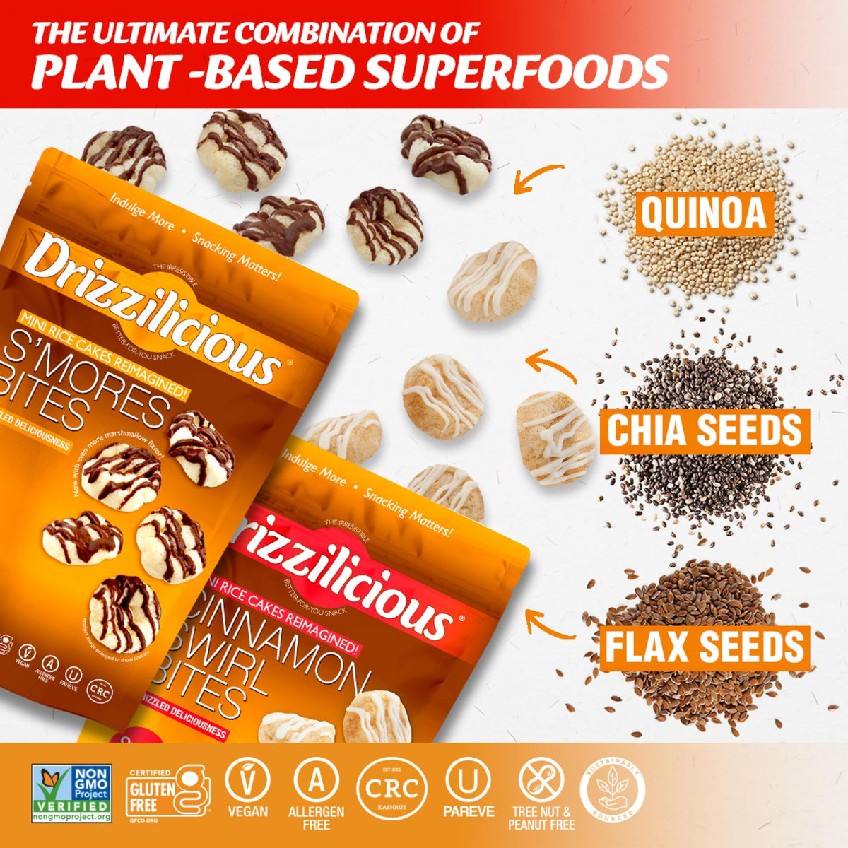 Drizzilicious mini rice cakes variety pack display, convenient family snack assortment.