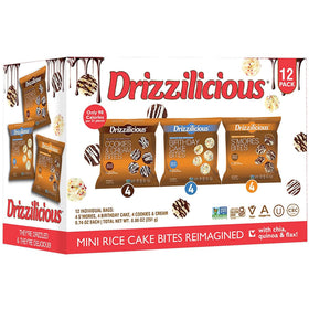 Drizzilicious mini rice cakes variety pack front view for on-the-go snacking